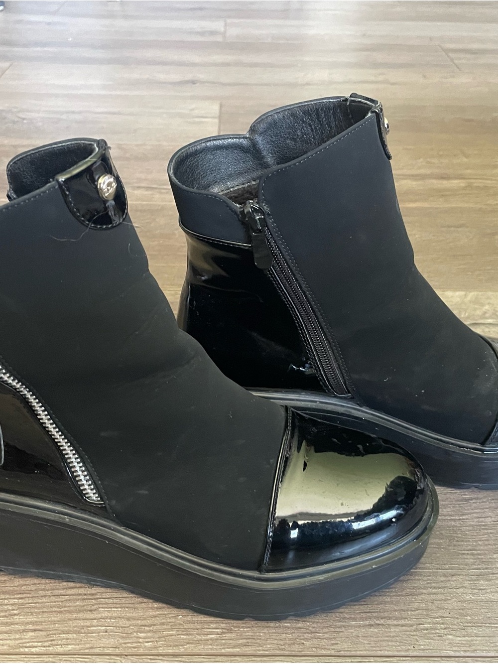 Womens Black Ankle Booties with Patent Cap and Side Zip